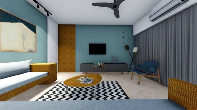 This-Modern-Living-Room-Consists-Wall-Mounted-L-Shaped-Wooden-Sofa-with-White-Upholstery-Blue-Easy-Chair-with-Wooden-Legs.-3 Modern Living Room