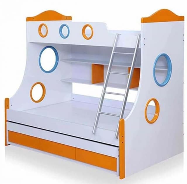 This-White-Coloured-Wooden-Bunk-Bed-for-Kids-is-looking-Attractive-with-the-Play-of-Orange-Sky-Blue.-2 Swiper Content 1