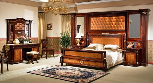 Traditional-Styled-Wooden-Bedroom-with-a-Double-Bed-Unit-incl.-Side-Tables-with-Mirror-on-Top-Tufted-Panel-on-top-of-Headboard Swiper Content 0