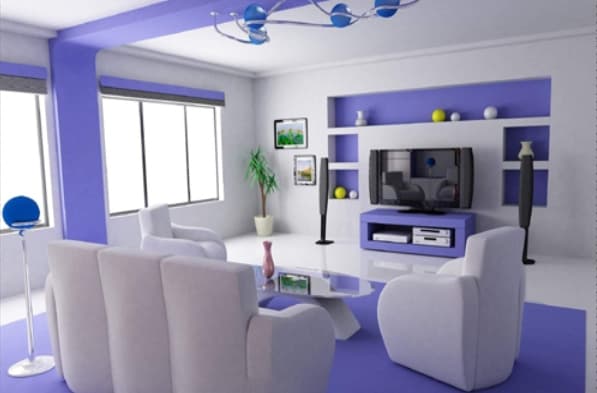 Violet-and-White-Themed-Living-Room-with-Upholstered-White-Sofa-Set-Coffee-Table-Floor-Lamp-TV-Unit-with-Violet-Cabinet-and-Niches-in-Wall-for-placing-Decor-Elements-Indoor-Potted-Plant Swiper Content 0