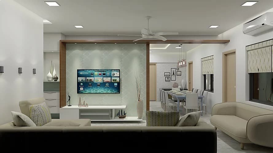 Wall-Mounted-White-Coloured-T.V.-Unit-with-Wallpaper-on-Backwall-highlighted-by-Recessed-Lighting-from-above Living Room