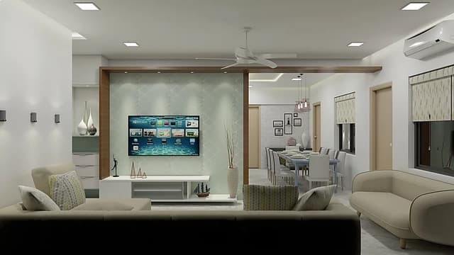 Wall-Mounted-White-Coloured-T.V.-Unit-with-Wallpaper-on-Backwall-highlighted-by-Recessed-Lighting-from-above Living Room