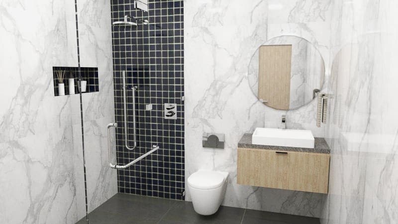 White-Italian-Tiles-in-Combination-with-Black-Checkered-Tiles-defines-3-Areas-for-Bathroom-with-a-Glass-Partition-for-Shower-Cabin-a-Wall-Hung-WC Design Detail Banner 0