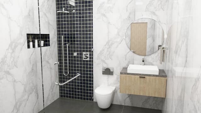 White-Italian-Tiles-in-Combination-with-Black-Checkered-Tiles-defines-3-Areas-for-Bathroom-with-a-Glass-Partition-for-Shower-Cabin-a-Wall-Hung-WC Swiper Content 0