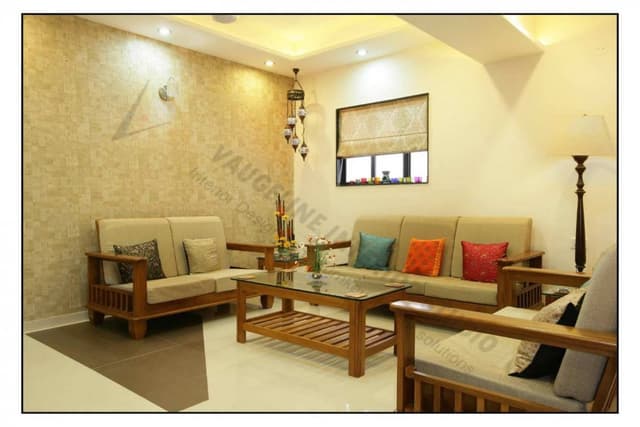 Wooden-Sofa-Set-with-Colourful-Cushions-Wooden-Center-Table-with-Glass-Top Swiper Content 0