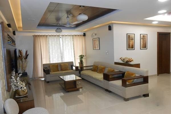 Living Room having Wooden Armrest Rectangular Sofa Set with Beige Colour Living Room having Wooden Armrest Rectangular Sofa Set with Beige Colour