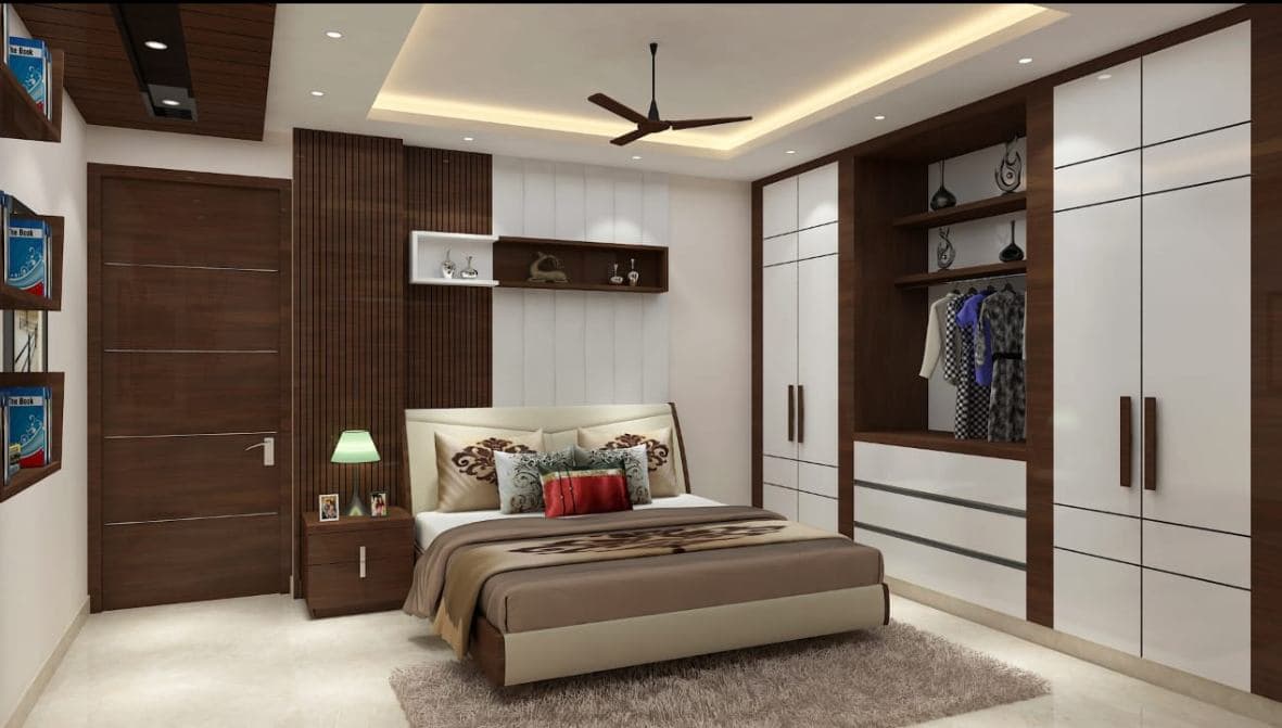 Modern Bedroom designed with Wooden Bed, Single Side Table with Table Lamp Modern Bedroom designed with Wooden Bed, Single Side Table with Table Lamp