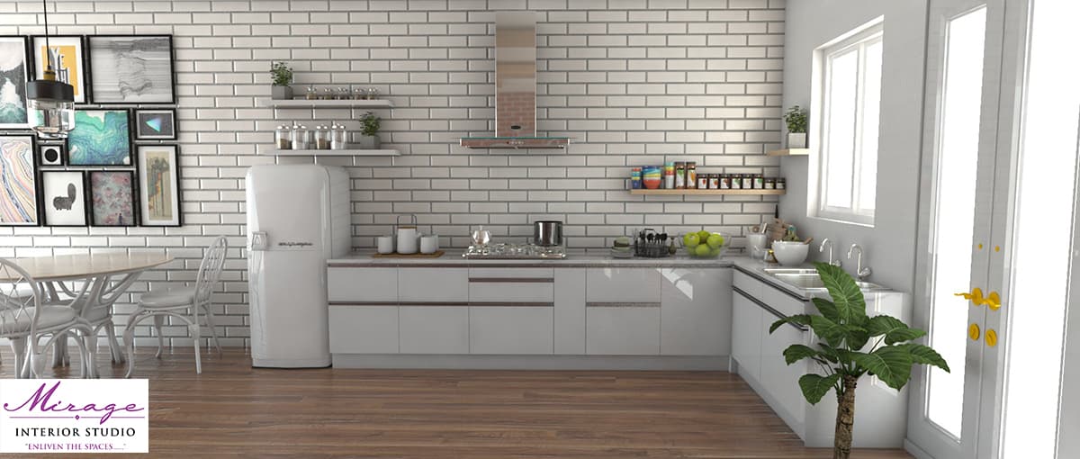A grey coloured L shaped minimal modern kitchen with grey coloured wall. A grey coloured L shaped minimal modern kitchen with grey coloured wall.