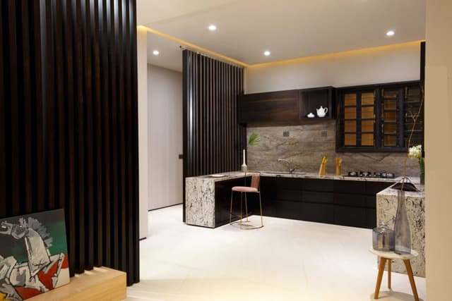 A modern kitchen in shades of brown with a mix of modern design and natural material palette A modern kitchen in shades of brown with a mix of modern design and natural material palette