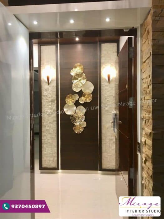 Brown colured door opening into a foyer with a partition made up of wooden panels Brown colured door opening into a foyer with a partition made up of wooden panels