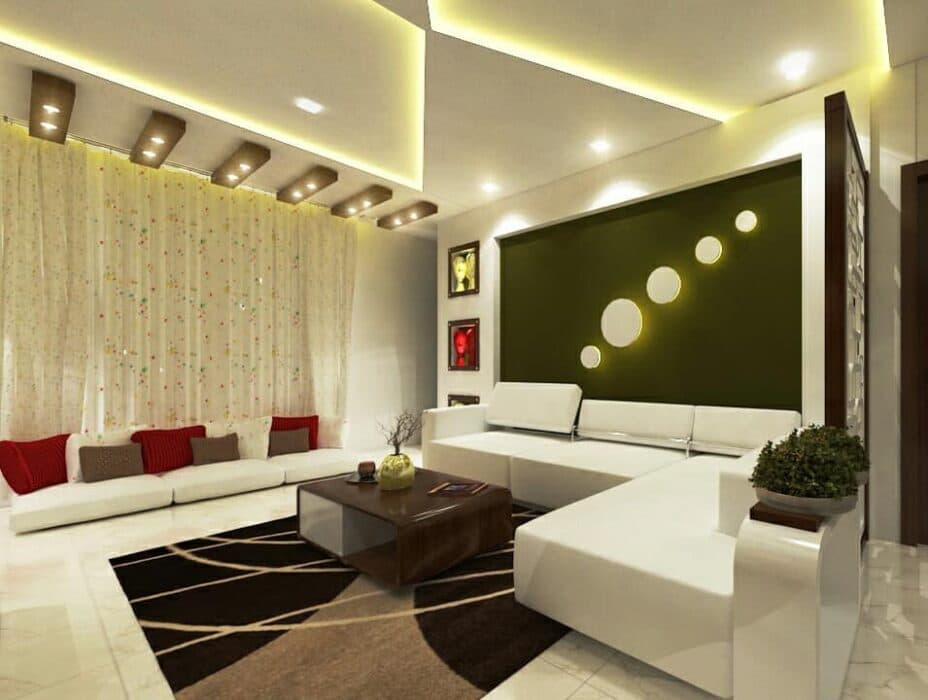 White-coloured modern living room with white rexine L-shaped sofa White-coloured modern living room with white rexine L-shaped sofa