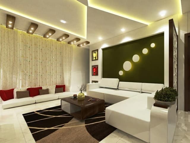 White-coloured modern living room with white rexine L-shaped sofa White-coloured modern living room with white rexine L-shaped sofa