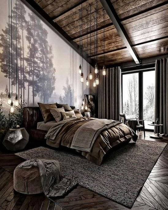 A cosy bedroom in rustic materials in combination of of dark browns A cosy bedroom in rustic materials in combination of of dark browns