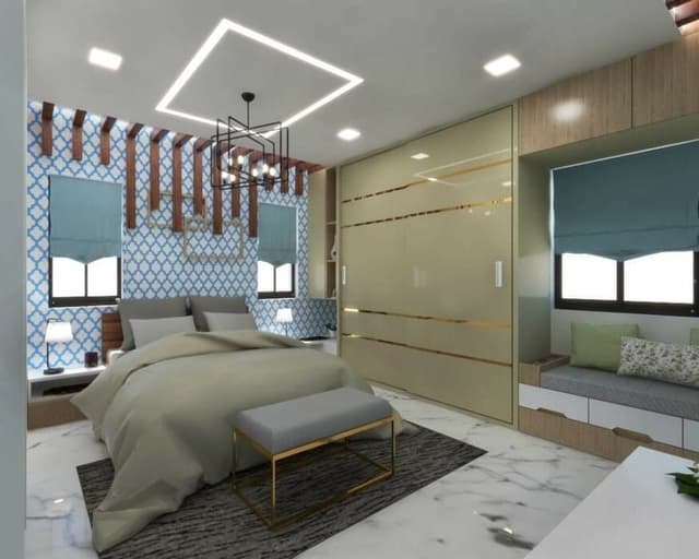 A mix and match with different patterns in the modern designed bedroom with dedicated seating area. A mix and match with different patterns in the modern designed bedroom with dedicated seating area.