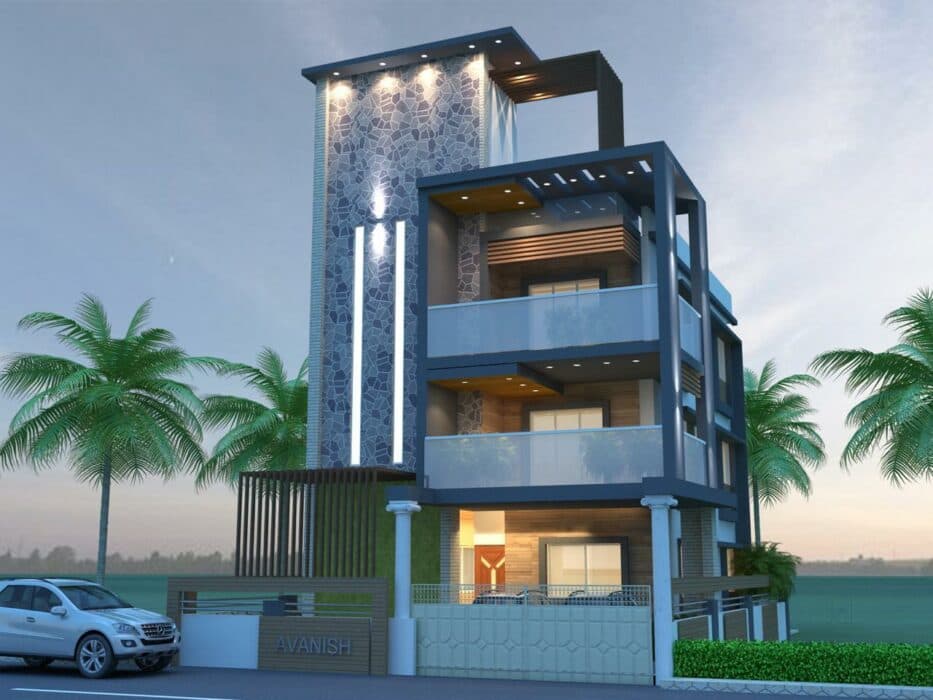 A three-storey house with a stone pattern stair cabin having a rectilinear long strips light and spotlights A three-storey house with a stone pattern stair cabin having a rectilinear long strips light and spotlights