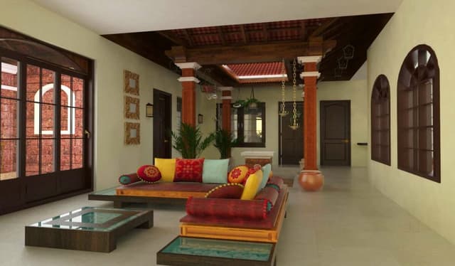 Kerala style inspired modern living room with a courtyard Kerala style inspired modern living room with a courtyard