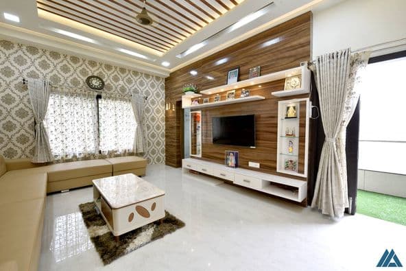 Modern white living room with wooden panel Modern white living room with wooden panel