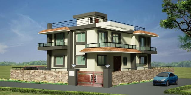 Two-story modern cubical house with major overhangs Two-story modern cubical house with major overhangs