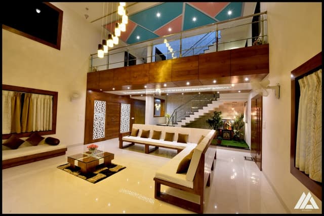 Double-heighted modern living room in the theme of neutral tones Double-heighted modern living room in the theme of neutral tones