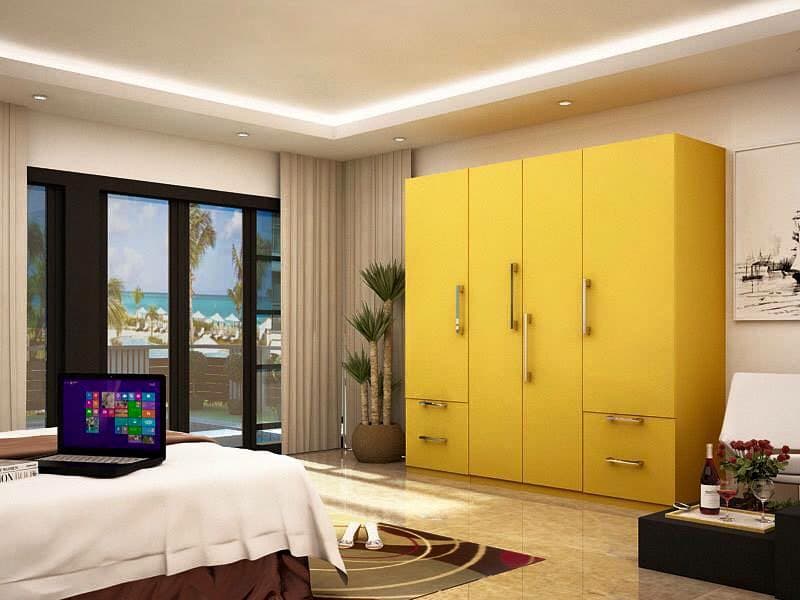 Yellow multilevel shutter in a modern bedroom Yellow multilevel shutter in a modern bedroom