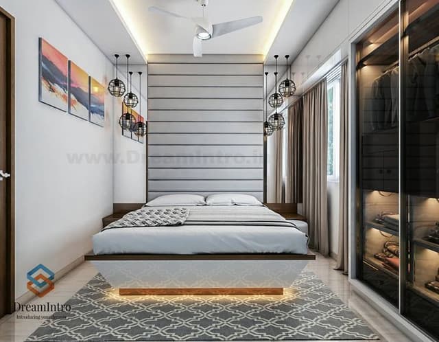 A compact conceptual modern bedroom in white and grey A compact conceptual modern bedroom in white and grey