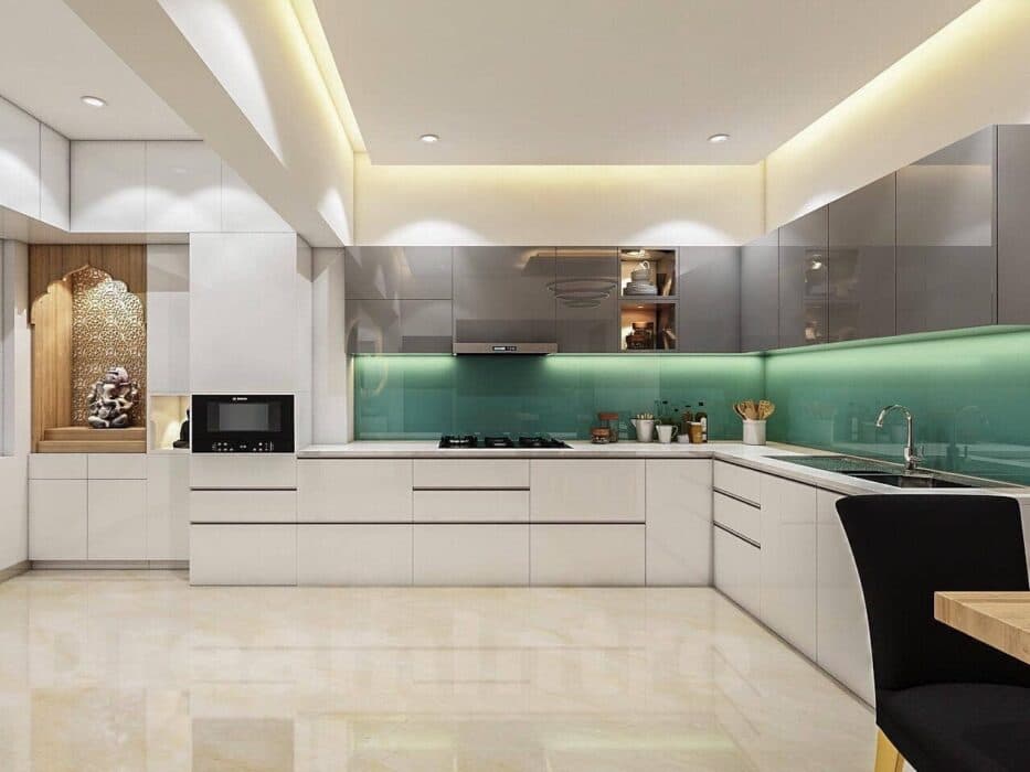 A modern kitchen serene blue and bright white A modern kitchen serene blue and bright white