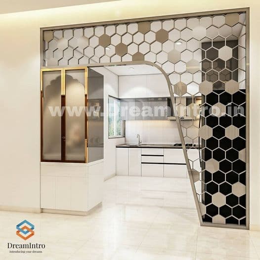 A white modern kitchen with a honeycomb partition A white modern kitchen with a honeycomb partition