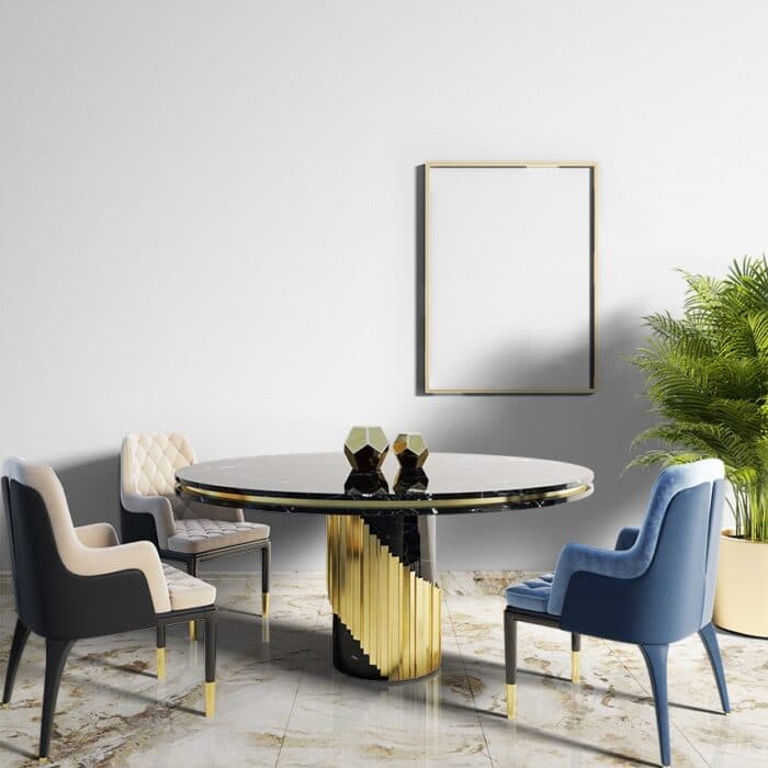 A black granite circular dining table A black granite circular dining table