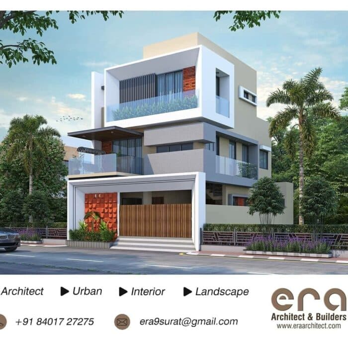 A three-storey house with a modern facade A three-storey house with a modern facade
