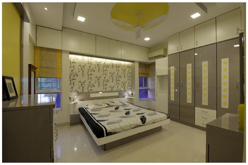 Modern bedroom in white, grey and yellow Modern bedroom in white, grey and yellow