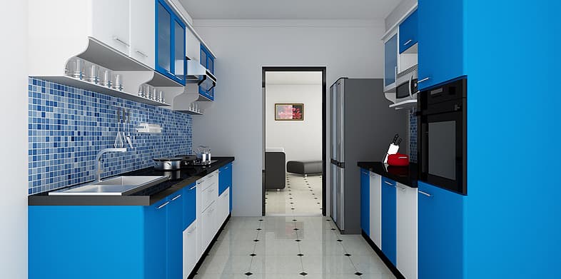 White & Blue Themed Parallel Kitchen White & Blue Themed Parallel Kitchen