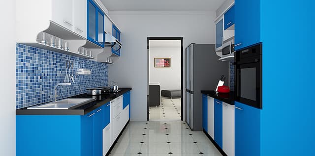 White & Blue Themed Parallel Kitchen White & Blue Themed Parallel Kitchen