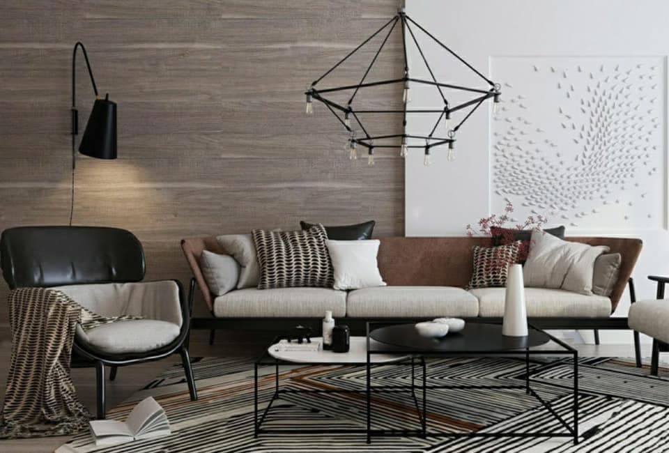 3 Seater Upholstered Sofa having an Inclined Armrest is Placed with Black & Grey Upholstered Chairs in this Living Room 3 Seater Upholstered Sofa having an Inclined Armrest is Placed with Black & Grey Upholstered Chairs in this Living Room