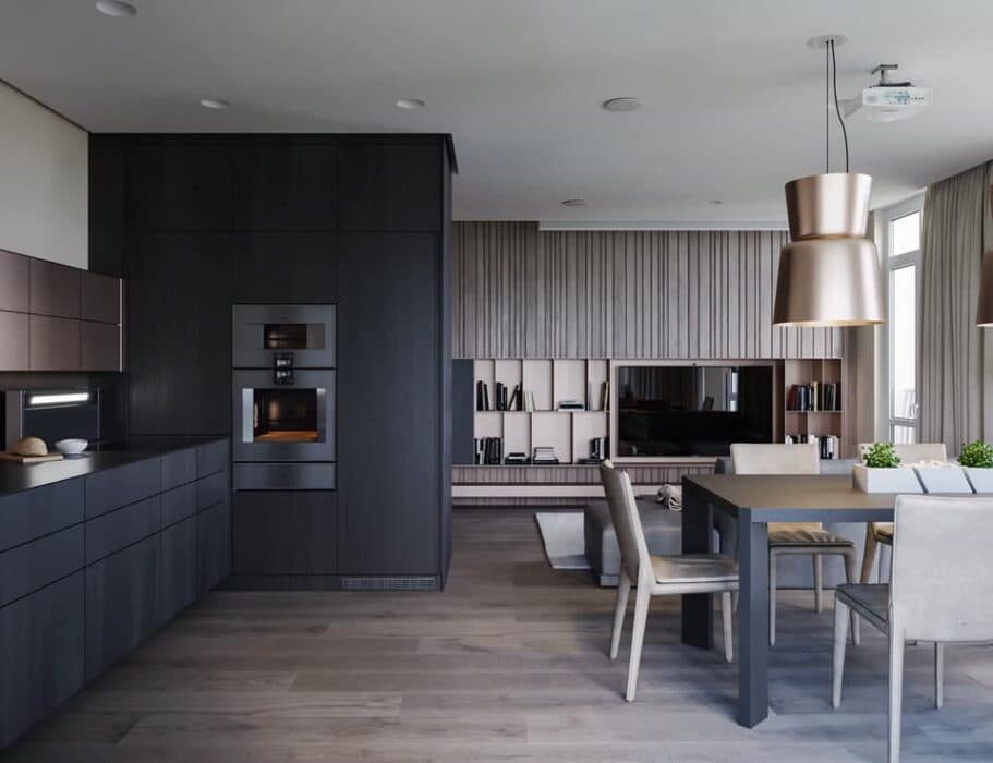 Black Kitchen Consists Parallel Countertop with Oven Unit Black Kitchen Consists Parallel Countertop with Oven Unit