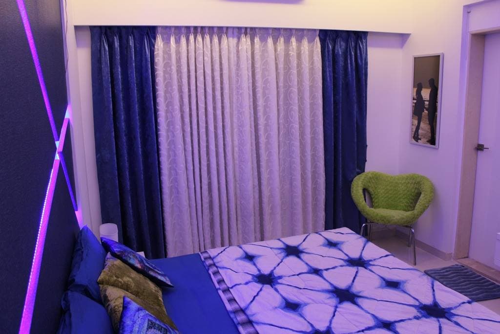 The Bedroom has White & Blue Main Colours in Design The Bedroom has White & Blue Main Colours in Design