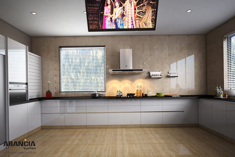 C-shaped Kitchen having Black Granite Countertop with Built-In Gas Stove, Chimney, Oven Unit & Single Bowl S.S. Sink C-shaped Kitchen having Black Granite Countertop with Built-In Gas Stove, Chimney, Oven Unit & Single Bowl S.S. Sink