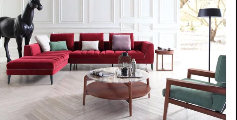 L-shaped Maroon coloured Upholstered Sofa L-shaped Maroon coloured Upholstered Sofa