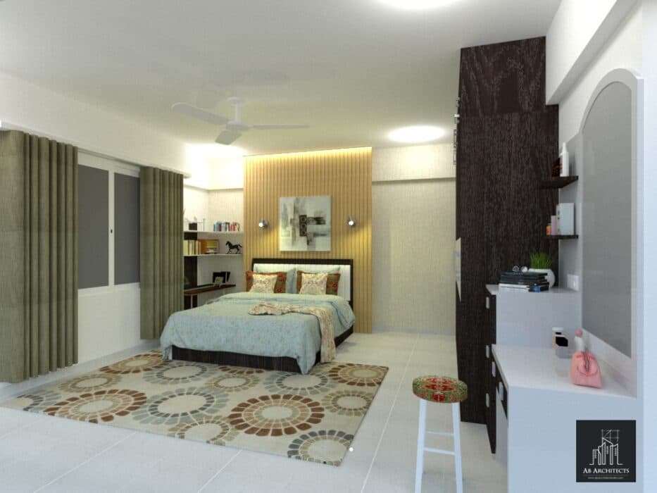 The Bedroom Consists of Rectangular Wooden Bed with White Cushioned Backrest, Floral Printed Bedsheet – 1 The Bedroom Consists of Rectangular Wooden Bed with White Cushioned Backrest, Floral Printed Bedsheet - 1