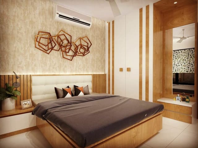The Bedroom has a Combination of White Colour & Wooden Finish Consists Rectangular Wooden Bed – 1 The Bedroom has a Combination of White Colour & Wooden Finish Consists Rectangular Wooden Bed - 1