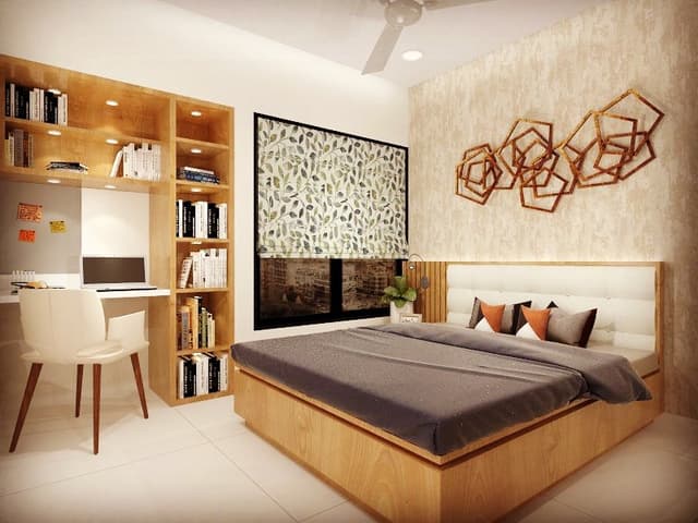 The Bedroom has a Combination of White Colour & Wooden Finish Consists Rectangular Wooden Bed The Bedroom has a Combination of White Colour & Wooden Finish Consists Rectangular Wooden Bed
