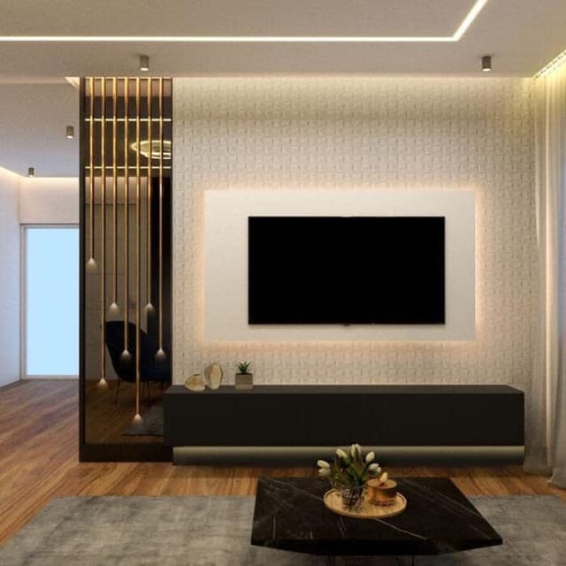 The Black & White Wall Mounted T.V. Unit Consists Linear Black Storage at the Bottom The Black & White Wall Mounted T.V. Unit Consists Linear Black Storage at the Bottom