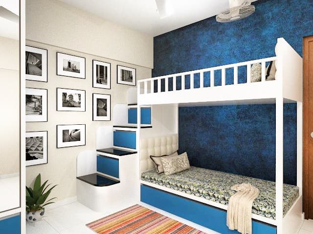 The Blue & White Children Bedroom has a White Painted Wooden Bunk Bed Making Great Contrat with Royal Blue Textured Wall The Blue & White Children Bedroom has a White Painted Wooden Bunk Bed Making Great Contrat with Royal Blue Textured Wall