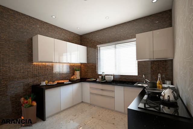 The Kitchen Consists U Shape Black Granite Counter Top with Built-In 3 Burner Gas Stove & Single Bowl S.S. Sink The Kitchen Consists U Shape Black Granite Counter Top with Built-In 3 Burner Gas Stove & Single Bowl S.S. Sink