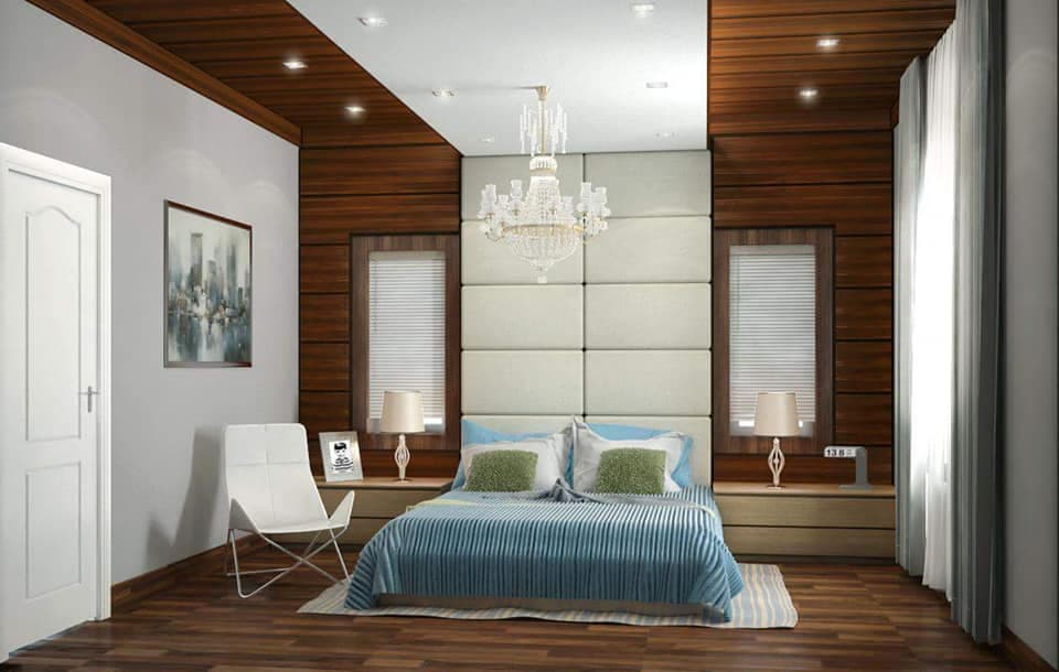 The Modern Style Bedroom has Rectangular White Upholstered Bed with Cushioned Backrest The Modern Style Bedroom has Rectangular White Upholstered Bed with Cushioned Backrest