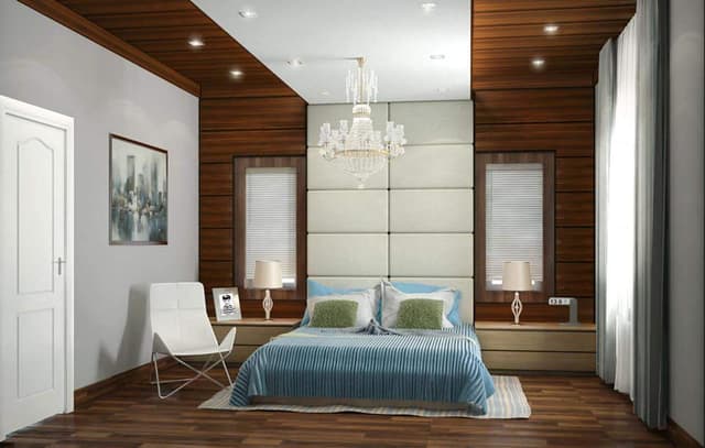 The Modern Style Bedroom has Rectangular White Upholstered Bed with Cushioned Backrest The Modern Style Bedroom has Rectangular White Upholstered Bed with Cushioned Backrest