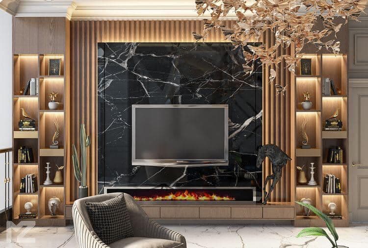The Wall Mounted T.V. Unit having Vertical Wooden Groove Patterns is Making Good Combination with Black Italian Marble The Wall Mounted T.V. Unit having Vertical Wooden Groove Patterns is Making Good Combination with Black Italian Marble