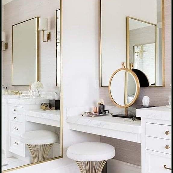 White Dressing Unit with Brass Framed Rectangular Mirror Dressing Table