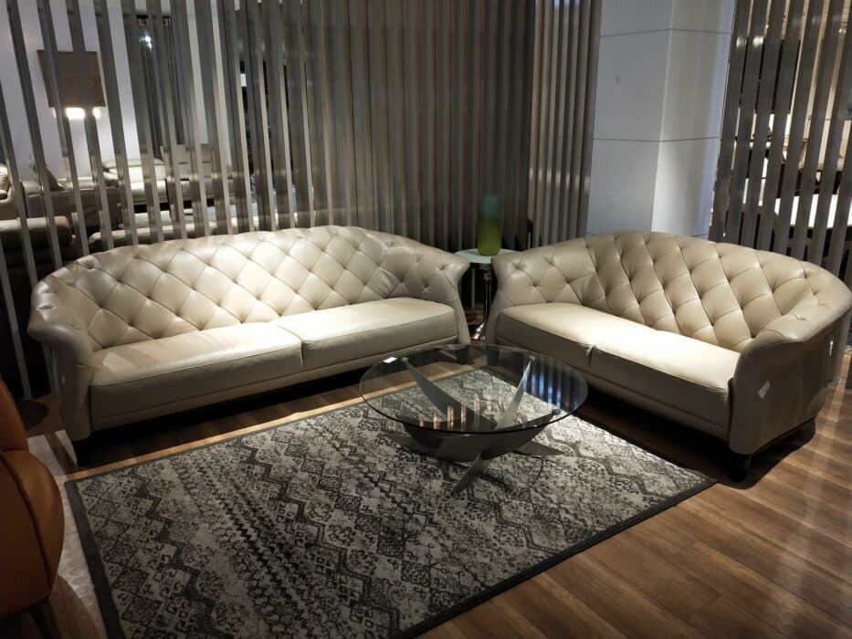 Off White Coloured Leather Upholstered Chesterfield Sofa Off White Coloured Leather Upholstered Chesterfield Sofa