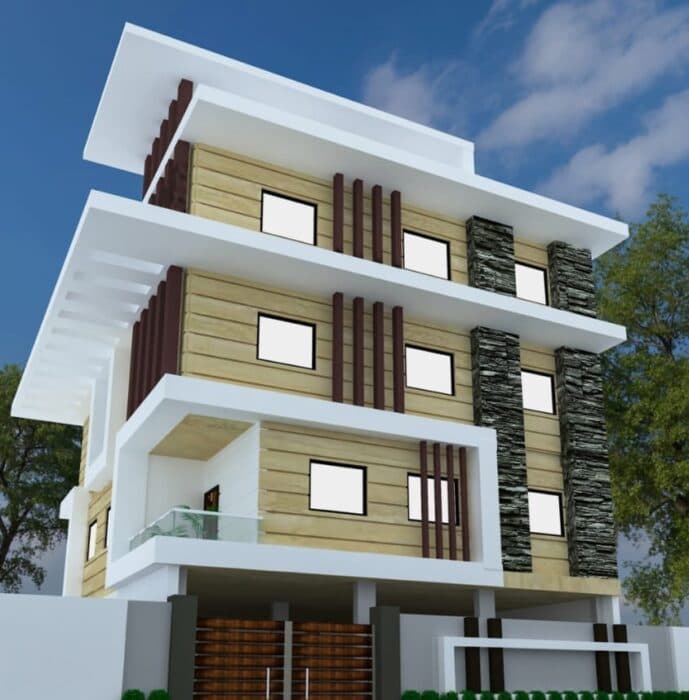 Four Story Building with Wood and Stone Façade Four Story Building with Wood and Stone Façade