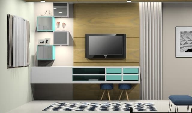 Modern TV Unit Modern TV Unit is Set Against Grey Flooring and Walls